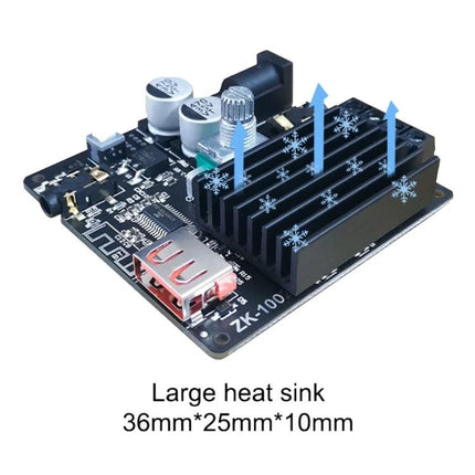 Mini Stereo Bluetooth Receiver for Wireless Audio Playback with large heat sink on circuit board, USB port and cooling fins (36×25×10mm)