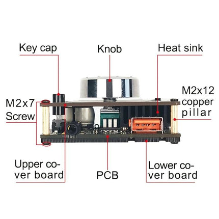 Mini Stereo Bluetooth Receiver for Wireless Audio Playback front view showing knob, PCB, heat sink, connectors and labeled components