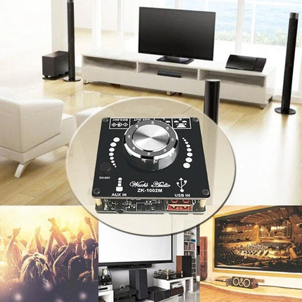 Mini Stereo Bluetooth Receiver for Wireless Audio Playback black compact unit with volume knob and USB port on living room speakers setup