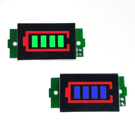 Lithium Battery Fuel Gauge Display in Green and Blue showing four-level LED battery indicator for e-bikes and solar setups