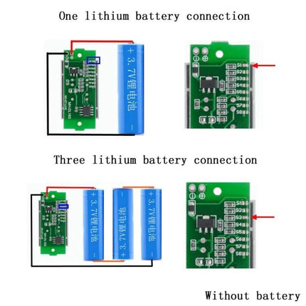 Lithium Battery Fuel Gauge Display in Green and Blue showing one and three lithium battery connection diagrams with four-level LED indicators