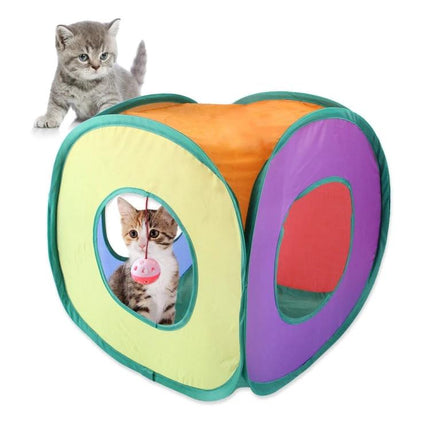 This foldable cat tunnel enhances daily home play for pets — colorful collapsible cube tunnel with kitten peeking through and toy inside