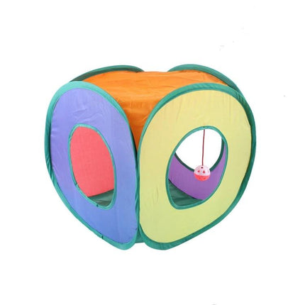 This foldable cat tunnel enhances daily home play for pets - colorful collapsible cube with holes and hanging ball toy for indoor cat activity