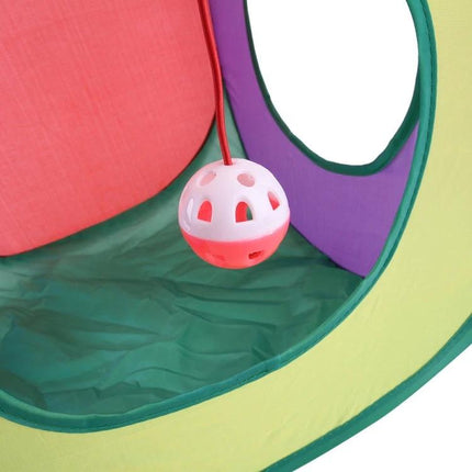 This foldable cat tunnel enhances daily home play for pets with hanging ball toy inside colorful collapsible tunnel