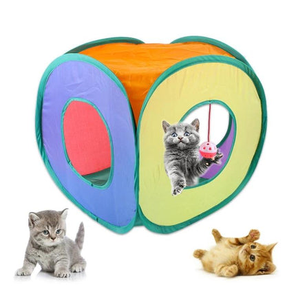 This foldable cat tunnel enhances daily home play for pets - colorful collapsible cube with kittens playing indoors