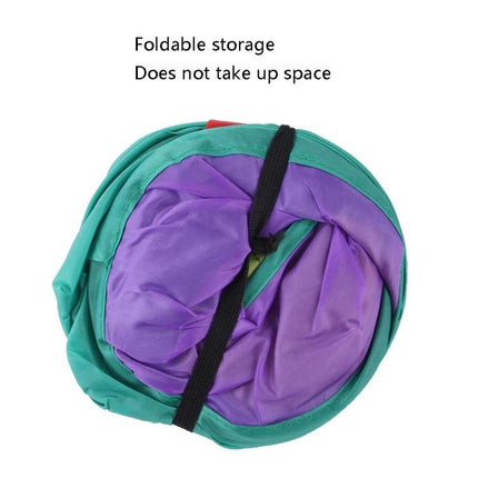 This foldable cat tunnel enhances daily home play for pets - collapsed green and purple tunnel with strap for compact storage