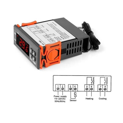 Aquarium Temperature Controller with Heating and Cooling Switch digital thermostat showing 29.6°C, sensor probe and wiring diagram