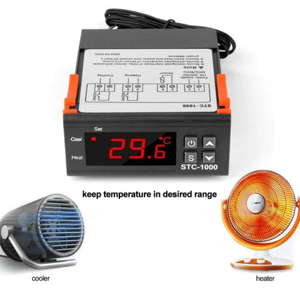 Aquarium Temperature Controller with Heating and Cooling Switch digital STC-1000 display showing 29.6°C for aquarium heating and cooling