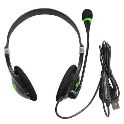 USB Headset With Microphone For Computer Calls And Home Use black wired headset with boom mic and inline controls, USB plug
