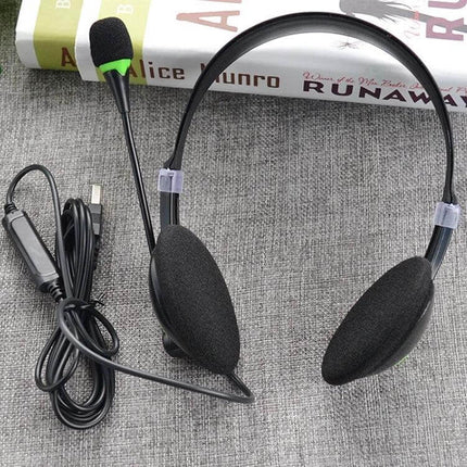 USB Headset With Microphone For Computer Calls And Home Use wired USB headphones with boom mic, cushioned ear pads, inline control