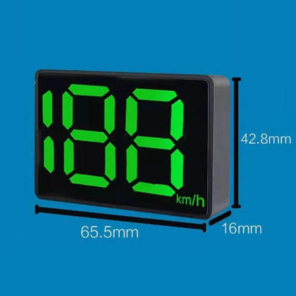 Compact HUD Speedometer for Universal Vehicle Use - compact HUD display showing green digital speed readout with dimensions 65.5x42.8x16mm