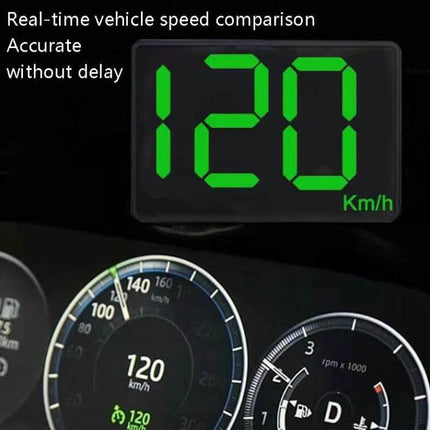 Compact HUD Speedometer for Universal Vehicle Use showing large green 120 Km/h HUD display on windshield with vehicle dashboard gauges