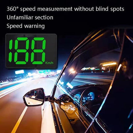 Compact HUD Speedometer for Universal Vehicle Use mounted on windshield showing bright digital speed display and night highway driving view