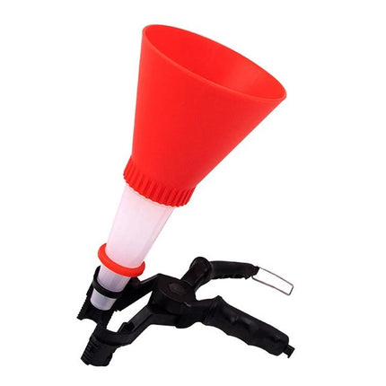 Oil Funnel for Routine Car Maintenance at Home - transparent measuring funnel with red cone and flow-control clamp for clean garage oil changes