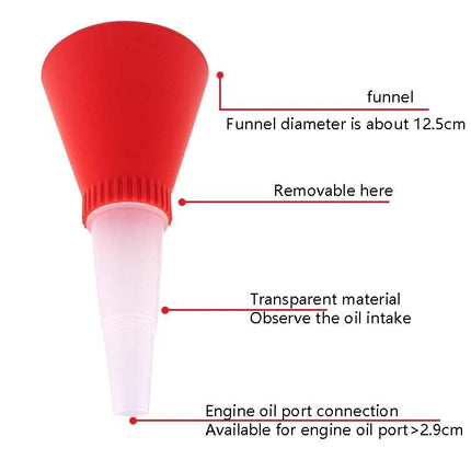 Oil Funnel for Routine Car Maintenance at Home - transparent plastic funnel with removable spout, clear oil flow viewing, fits engine oil port >2.9cm