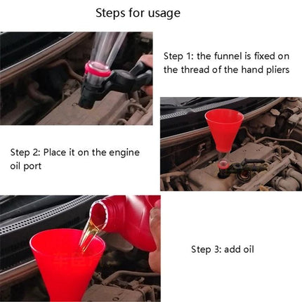 Oil Funnel for Routine Car Maintenance at Home - transparent compact funnel showing step-by-step engine oil pouring to reduce mess and monitor flow