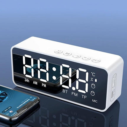 Bedside Mirror Alarm With Clock Display And Bluetooth Speaker showing mirror clock, temperature and Bluetooth speaker features