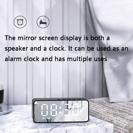 Bedside Mirror Alarm With Clock Display And Bluetooth Speaker on nightstand showing mirror display clock temperature and speaker
