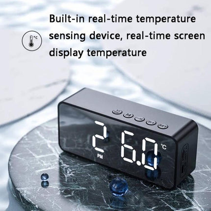 Bedside Mirror Alarm With Clock Display And Bluetooth Speaker showing time and temperature on mirrored LED screen