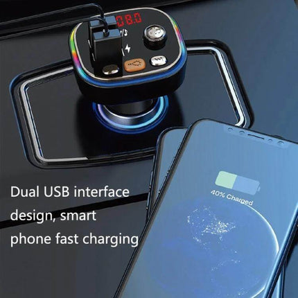 USB Car Bluetooth MP3 Player With Colorful Lights For In Car Use plugged into cigarette lighter showing dual USB charging and phone charging display