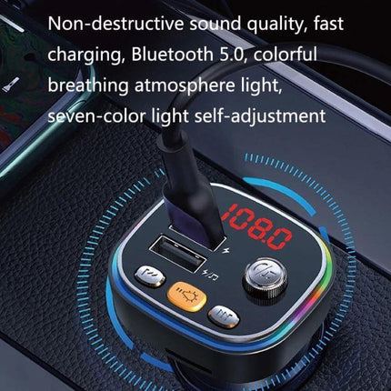 USB Car Bluetooth MP3 Player With Colorful Lights For In Car Use plugged into car lighter showing LED display, USB ports, control buttons and colorful breathing lights