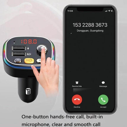 USB Car Bluetooth MP3 Player With Colorful Lights For In Car Use showing hands-free call, dual USB ports, TF/USB playback and colorful LED ring