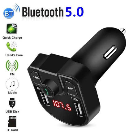 Car Bluetooth MP3 Dual USB Charger For In Car Audio compact black Bluetooth 5.0 FM transmitter with dual USB ports and hands-free calling