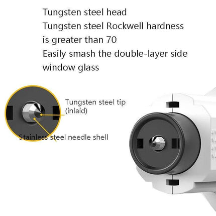 Portable Emergency Safety Hammer with Seat Belt Cutter tungsten steel head close-up showing tungsten tip and stainless steel needle shell for window breaking