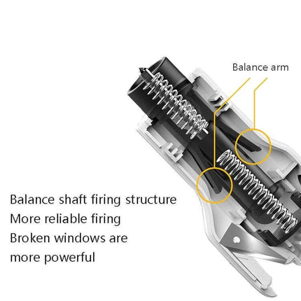 Portable Emergency Safety Hammer with Seat Belt Cutter showing balance shaft firing structure and springs for reliable window breaking
