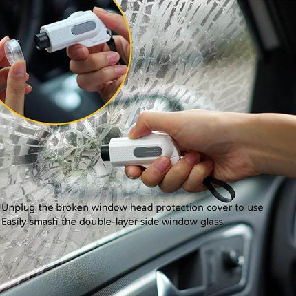 Portable Emergency Safety Hammer with Seat Belt Cutter showing compact design breaking car window and cutting jammed seatbelt for quick escape