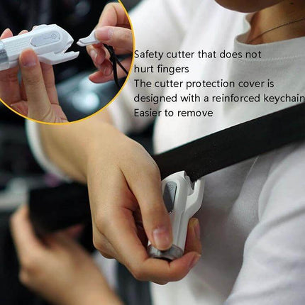 Portable Emergency Safety Hammer with Seat Belt Cutter showing compact seat belt cutter in use with protective cover and keychain attachment