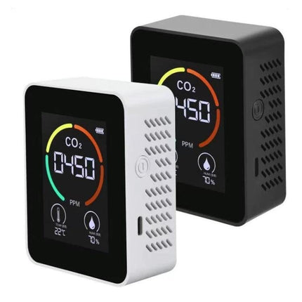 CO2 Air Quality Monitor with Temperature and Humidity Display showing 450 ppm CO2, temperature and humidity on LED backlit screen