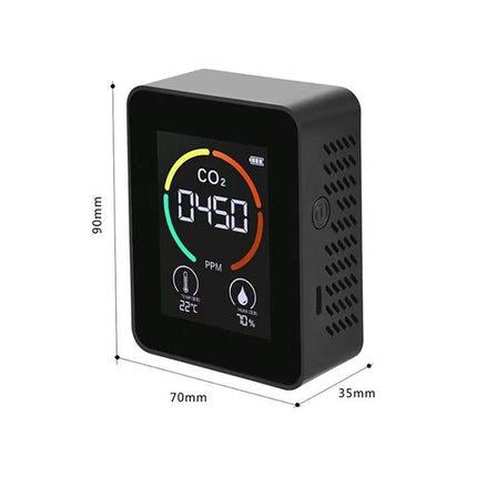 CO2 Air Quality Monitor with Temperature and Humidity Display, compact LED digital device showing CO2 450 ppm, temp 22°C and humidity 70%