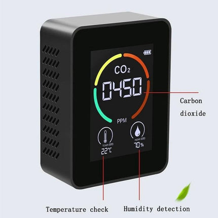 CO2 Air Quality Monitor with Temperature and Humidity Display showing CO2 450 ppm, temperature 22°C and humidity 70% on LED backlit screen