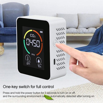 CO2 Air Quality Monitor with Temperature and Humidity Display showing CO2 level 450 ppm on LED backlit screen in living room