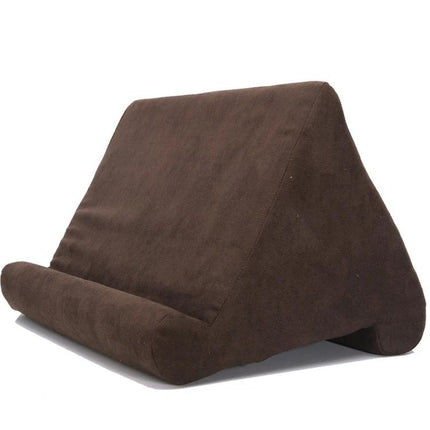 Comfortable Multi-Angle Pillow Holder for Tablets and Mobile Phones, 27x25x23 cm - brown fabric stand for hands-free viewing