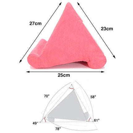 Comfortable Multi-Angle Pillow Holder for Tablets and Mobile Phones, 27x25x23 cm - pink triangular tablet and phone stand with dimensions and angle diagram