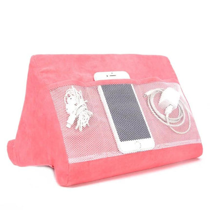 Comfortable Multi-Angle Pillow Holder for Tablets and Mobile Phones, 27x25x23 cm - pink tablet and phone stand with mesh pocket