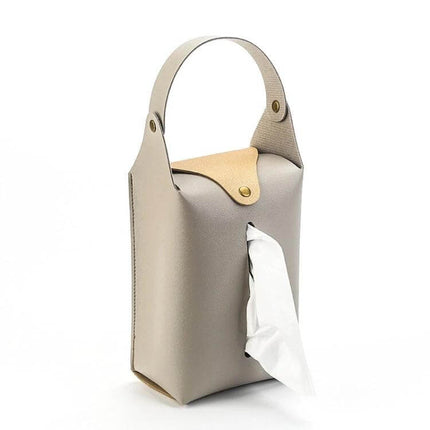 Suspended Car Hand Paper Towel Bag - Assorted Colors in beige PU with soft fabric finish, compact 12x24x8 storage for car, office, living room