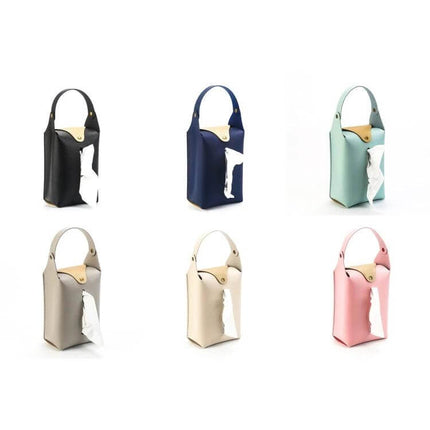 Suspended Car Hand Paper Towel Bag - Assorted Colors, PU soft fabric hanging tissue holder in six colors (black, navy, mint, gray, beige, pink)