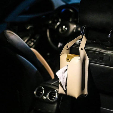 Suspended Car Hand Paper Towel Bag - Assorted Colors hanging from car seat headrest in beige PU for easy access to tissues and quick cleanups