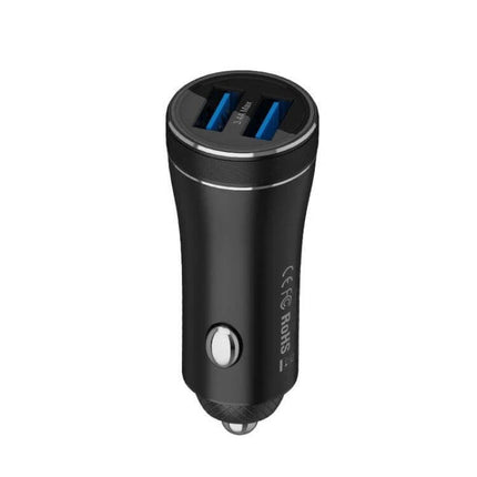 Dual Ports Car Charger for Smartphones and Tablets Metal Shell – compact black metal dual-USB car charger with smart IC and heat-resistant housing