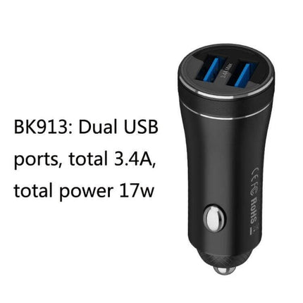 Dual Ports Car Charger for Smartphones and Tablets Metal Shell - black dual USB car charger, 2 ports, 17W total, metal shell, compact design