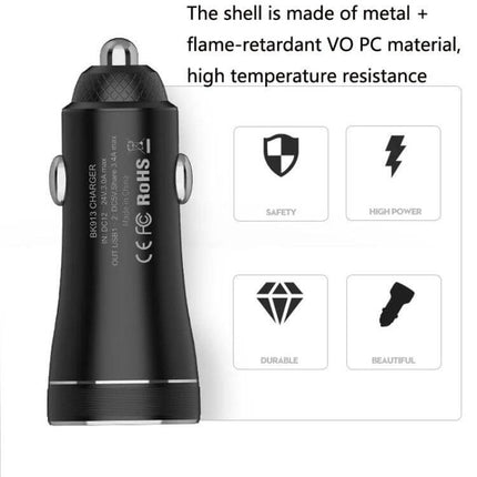 Dual Ports Car Charger for Smartphones and Tablets Metal Shell shown in black metal shell with dual USB ports and safety/high-power icons
