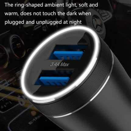 Dual Ports Car Charger for Smartphones and Tablets Metal Shell with ring ambient light, dual USB ports (3.4A max), durable metal shell and compact car power adapter