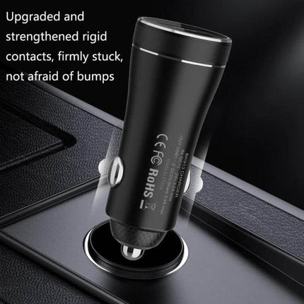Dual Ports Car Charger for Smartphones and Tablets Metal Shell - compact black metal dual-USB car charger with reinforced contacts and safety certifications