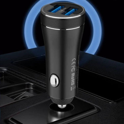 Dual Ports Car Charger for Smartphones and Tablets Metal Shell - compact black metal dual-USB car charger with smart IC, QC3.0/PD options