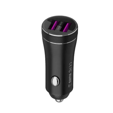 Dual Ports Car Charger for Smartphones and Tablets Metal Shell - black metal dual-USB car charger with smart IC and flame-retardant VO PC casing