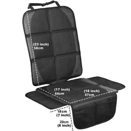 Child Car Seat Anti Skid Protection Pad Waterproof For Everyday Use - black foldable waterproof seat protector with storage pocket and dimensions displayed