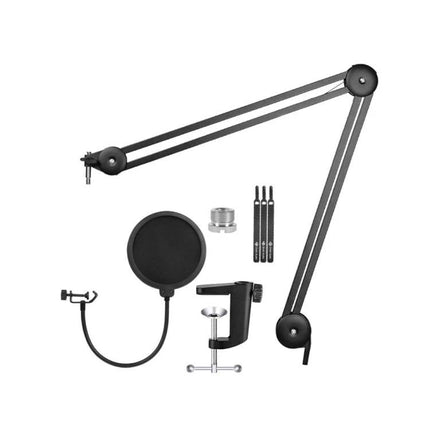 Desktop Microphone Stand for Everyday Home Recordings with adjustable boom arm, clamp, and pop filter for podcasting and video calls